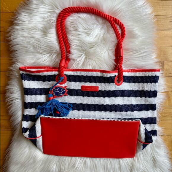 Vera Bradley Navy and White Stripe Large Tote Bag with Turtle Charm / Keychain - Picture 2 of 12